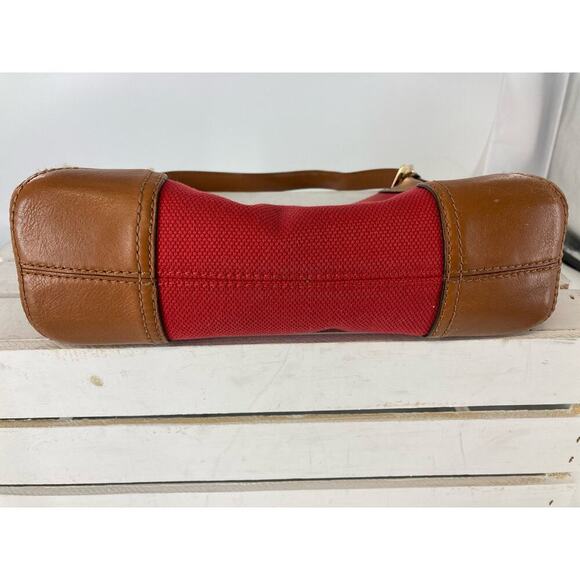 MICHAEL KORS, LARGE RED CANVAS, BROWN LEATHER SHOULDER BAG - Picture 15 of 16